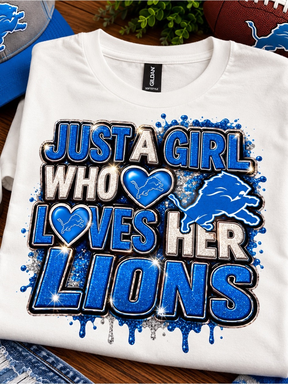 Gildan White Tee with Blue and Silver 'Just a Girl Who Loves Her Lions' Graphic